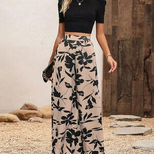 Multicolor Casual Women's Puff Sleeve Top Flower Printed Wide Leg Pants